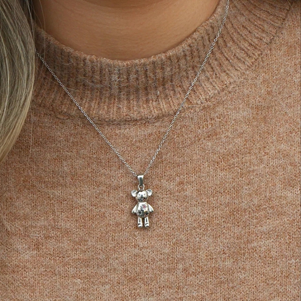 NEW 18K White Gold Silver Tone Teddy Bear Necklace with Pink CZ Diamonds - Picture 4 of 8